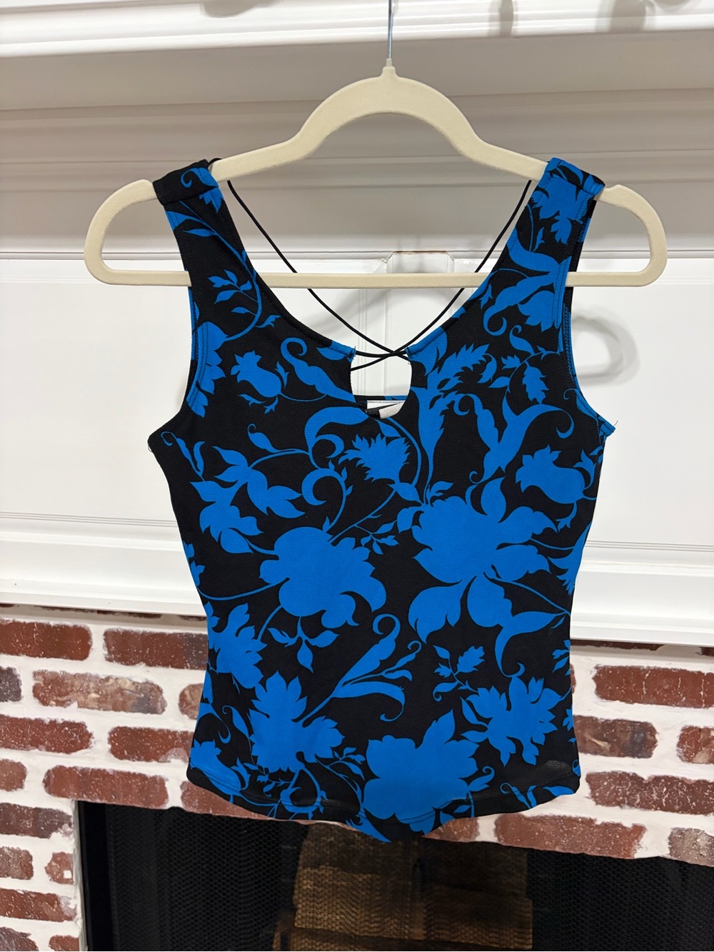 Vintage Y2K Fashion Bug Royal Blue Black Floral Keyhole Strappy Tank Top